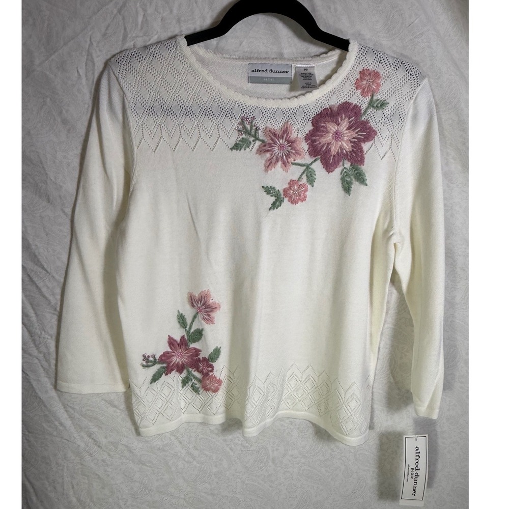 Alfred Dunner Winter Garden Floral Embroidered Beaded Sweater Cream PS NWT